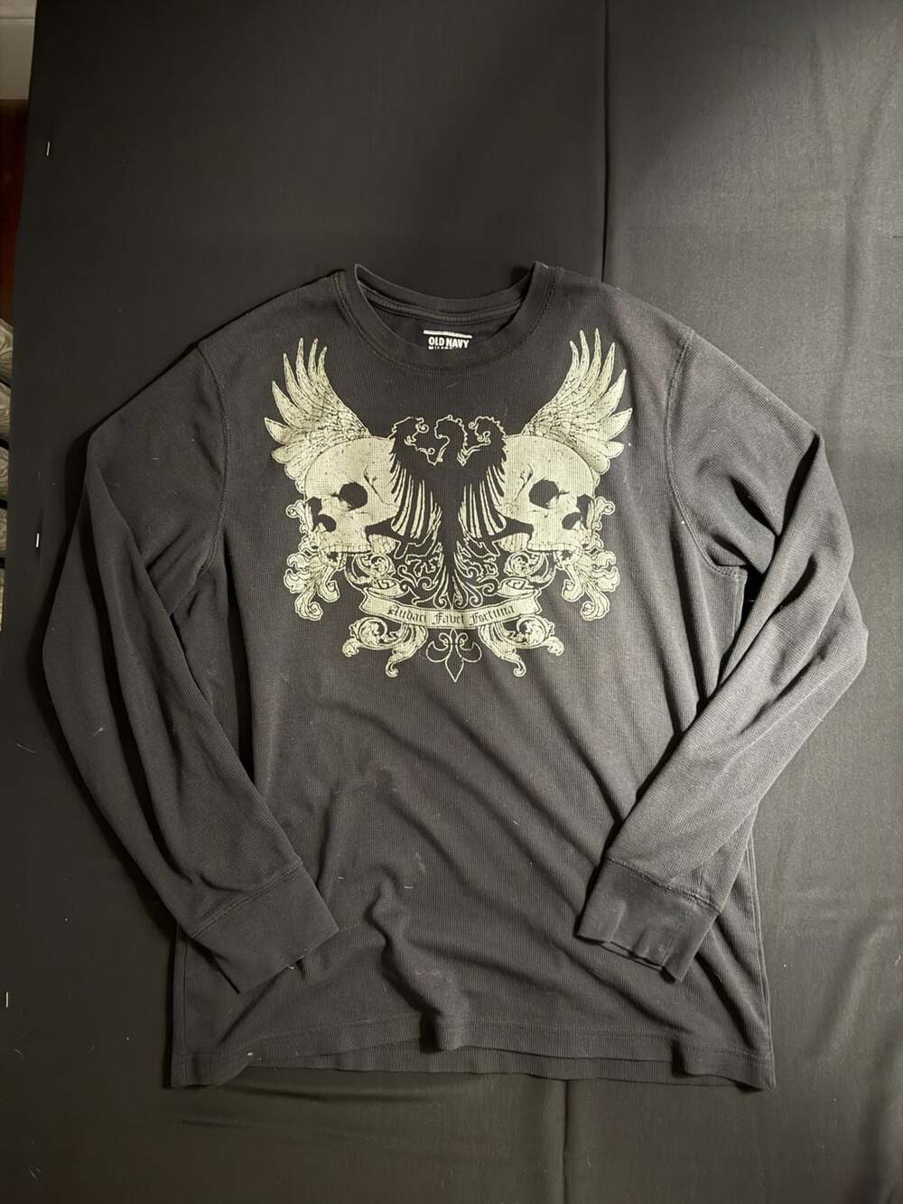 Old Navy Skull Wing Grunge Cyber Y2K Thermal Long Sleeve Shirt Black Large